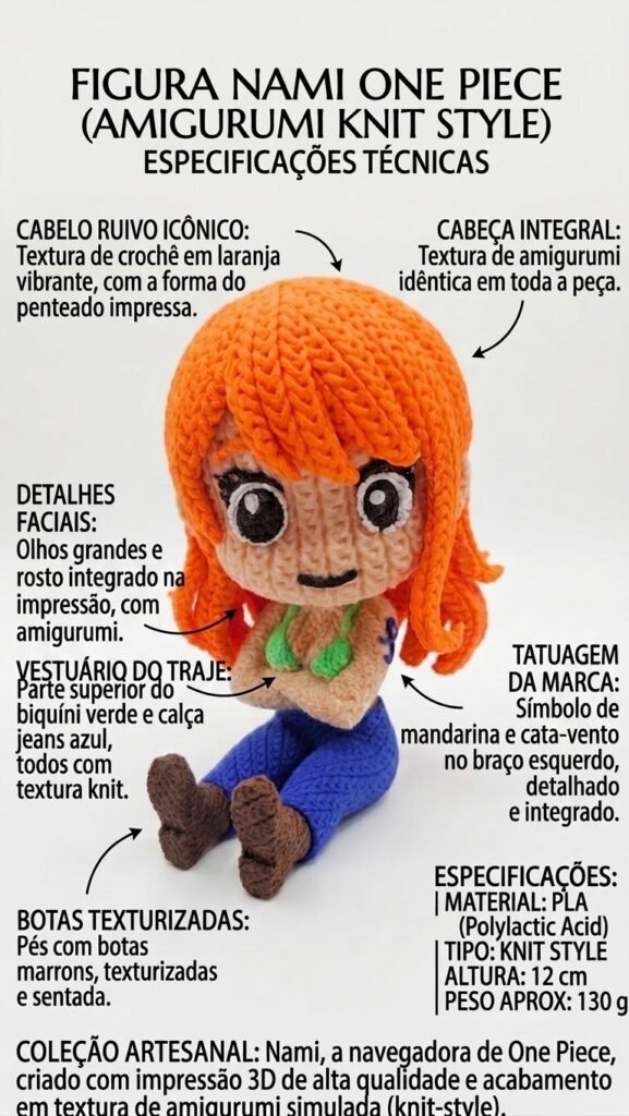 Namy, a navegadora do bando do chapéu de palha de One Piece no estilo Amigurumi impresso em 3D com 12 cm e cerca de 160 gramas.