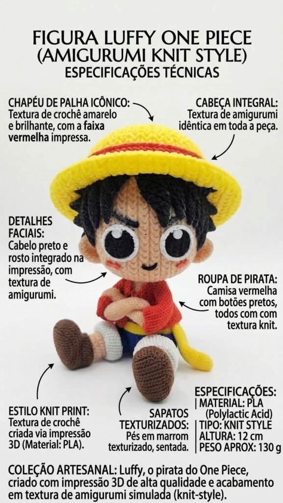 Luffy de One Piece no estilo Amigurumi impresso em 3D com 12 cm e cerca de 160 gramas.