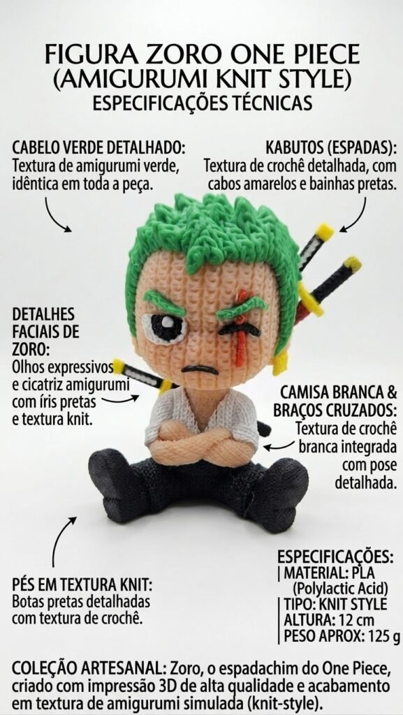 Zoro de One Piece Amigurumi impresso em 3D